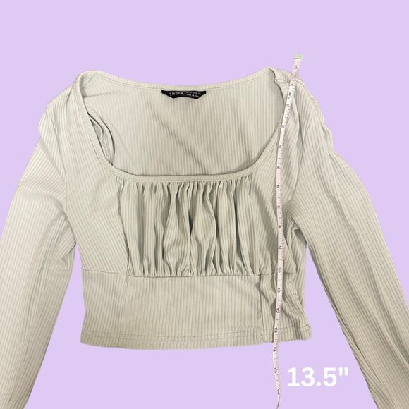 🌿 Shein Sage Green Ribbed Long Sleeve Crop Top (XS) - Picture 5 of 7